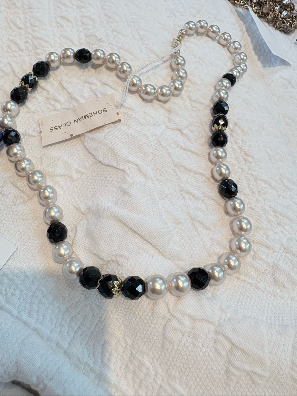 Vintage Czech glass bead Pearl Black Faceted Bead Necklace 24” NWT